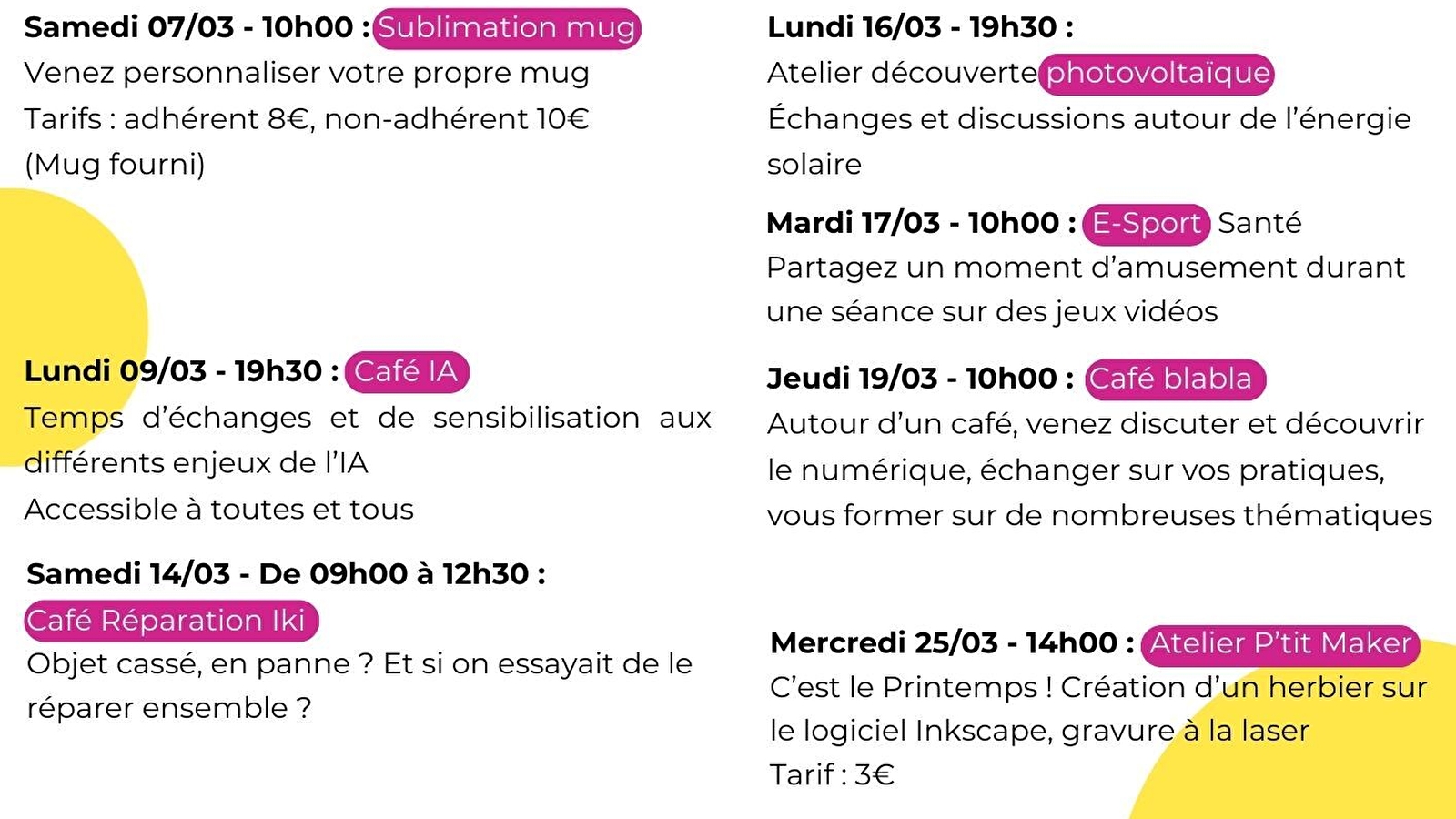 Programmation ateliers Fablab mars 2026