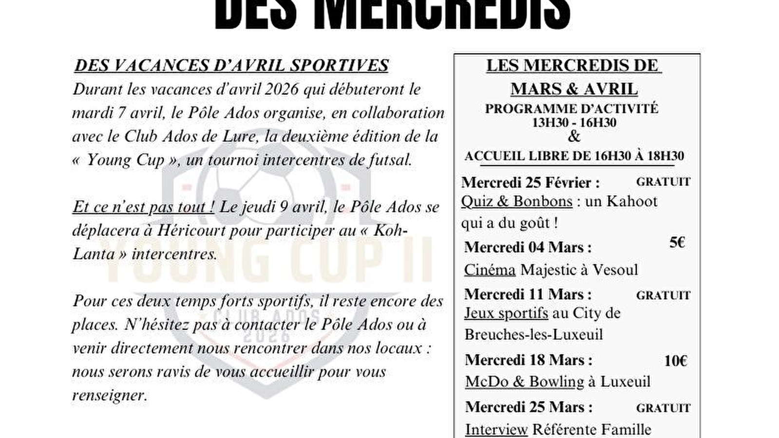 Le programme des mercredis au pôle Ados Mars-Avril